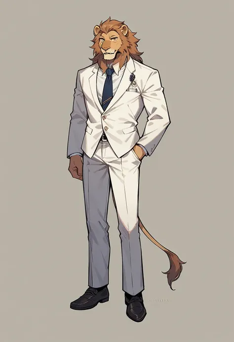 Man with lion head and lion face, standing dressed in white suit full body 