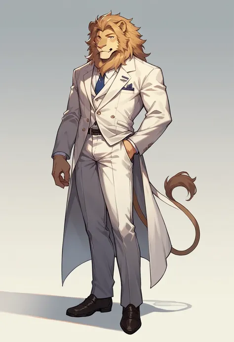 Man with lion head and lion face, standing dressed in white suit full body 