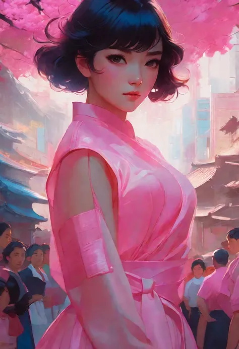 anime girl in a pink dress in front of a crowd of people, non-style artwork by guweiz, artgerm and atey ghailan, alena aenami and artgerm, beautiful character painting, Paisagem de Ilya Kuvshinov, artgerm and ilya kuvshinov, artgerm. anime illustration