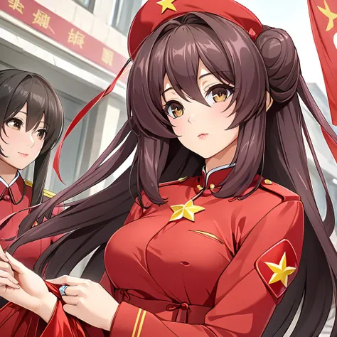 ((Highest quality)), ((masterpiece)), (detailed), （Perfect Face）、The woman is Chinese, Katsuragi Marina, a Chinese woman with brown, medium-long hair and an engagement ring. She is a member of the glorious Chinese Communist Party and has sworn absolute loy...