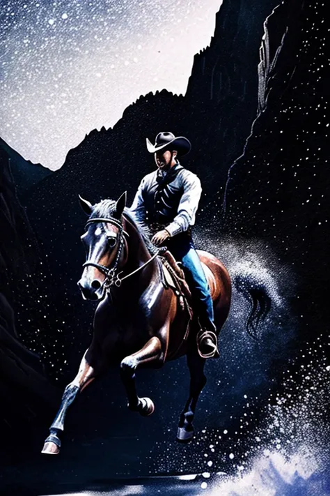 ink painting style with black ink, cowboy riding at midnight through and Erie canyon, best quality 8k, ink painting style, dynamic composition, powerful composition, flashy effects, sparkle effect, sleek design, detailed depiction, hyper realistic, highly ...