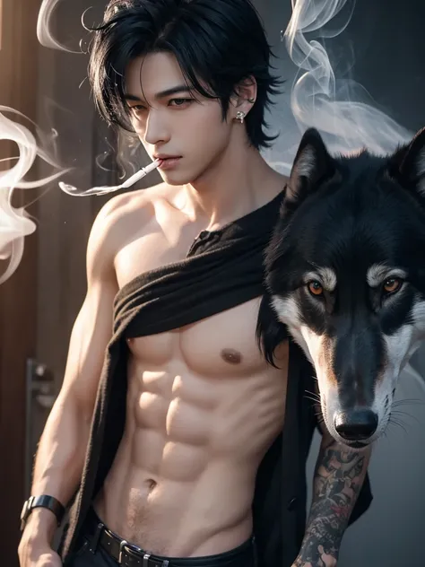 Handsome young man, black hair, delicate, 4k, piercing, wolf, smoke, sex appeal, anime, manga, illustration