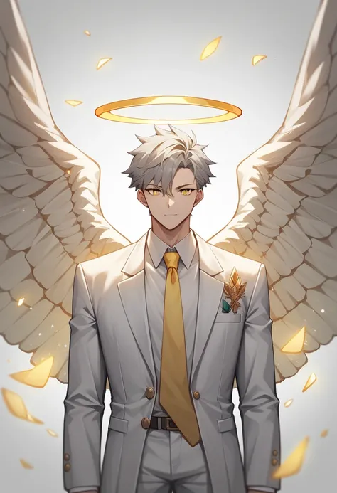 1 freight boy, short, unkempt gray hair, beautiful yellow eyes, red with shame, pale,Not very defined body, an elegant white suit and yellow tie, two pairs of angel wings, bright yellow halo, fund