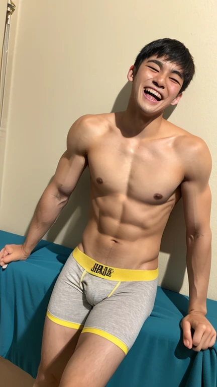 Japanese men、11 years old、Underdeveloped muscles and smooth skin、Round shaved head、Relaxed and friendly smile、Light yellow thin boxer briefs、The whole body is visible、Laughing with your mouth open、