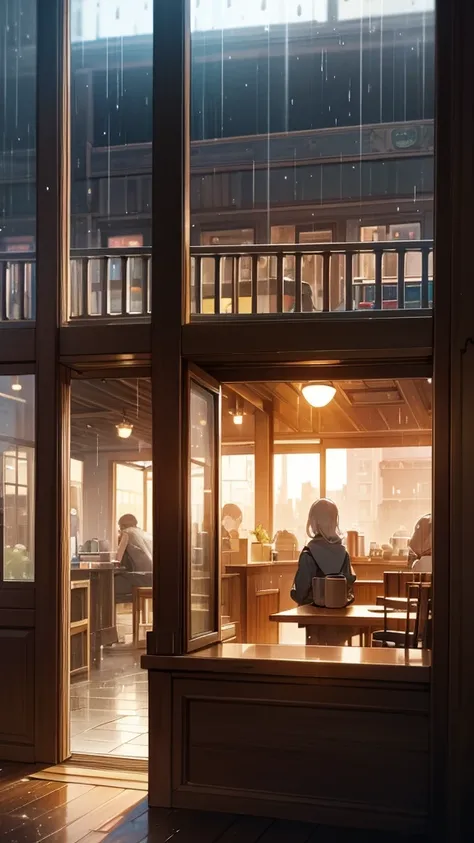 Create an image of a coffee shop with the view from inside and raining outside.