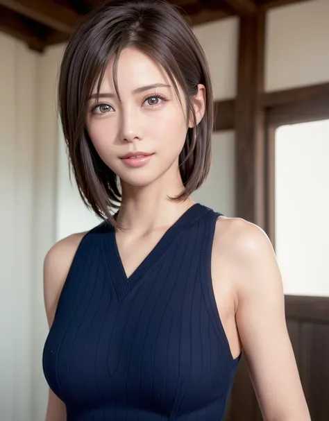 ((((masutepiece, Best Quality, High resolution)))), extremely detailed 8K, Beautiful girl with slim body, (Ultra HD, Ultra-detailed, Highly detailed, Highly realistic, Ultra-realistic, photos realistic), (1girll), short wavy hair, bob cuts, facing at camer...