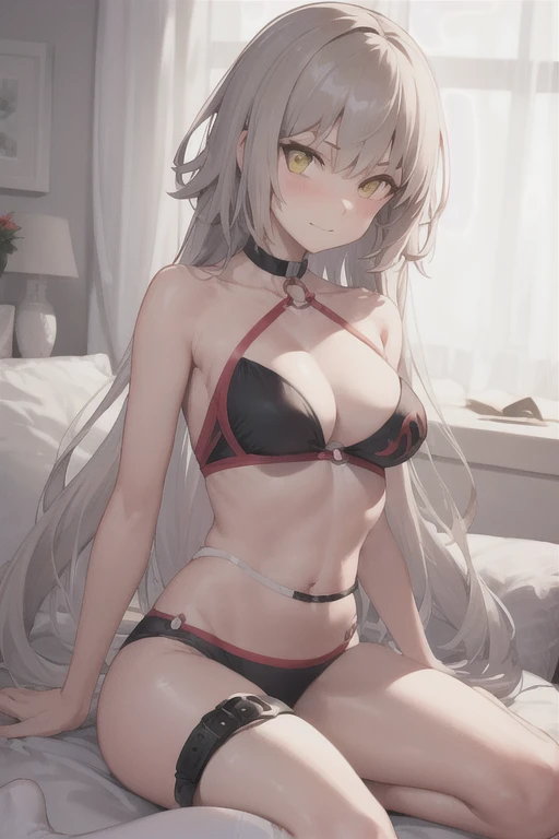 summer_Trembling, yellow_eye, Long Hair, mature,   Single knee socks, Gray Hair, Thigh straps,  bikini, One girl, alone, close