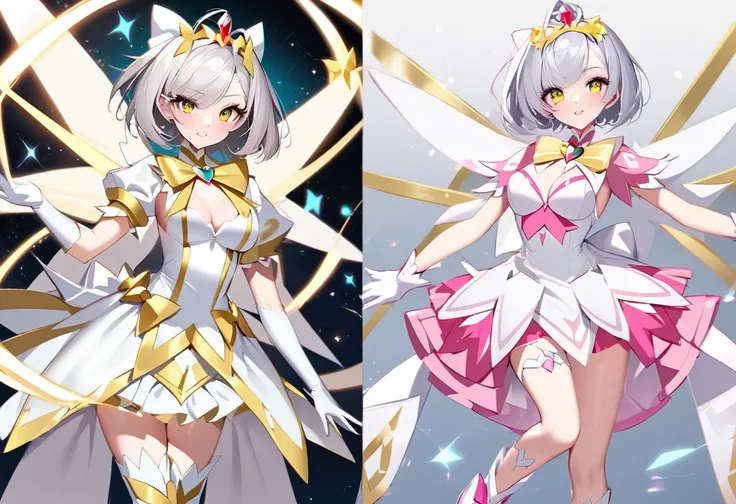 cure holy(magical girl, cool beauty, middle breast, tiara, short hair, silver hair, gold eyes, simple white dress, white long boots, white opera gloves), 振り向き