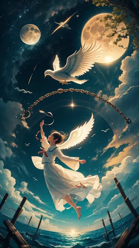 good luck background、wishes come true、Health Recovery、I want to get my smile back。 I was living happily、I was pulled down。The struggle of today will turn into light、I want to fly again、sun、star、Trees、Ocean、Angel Wings、compass、Image of breaking the chain、fu...