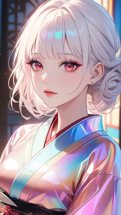 masterpiece, best quality:1.3, 1girl, white hair, red eyes, kimono, transparent colorful vinyl clothing, detailed face, beautifu...