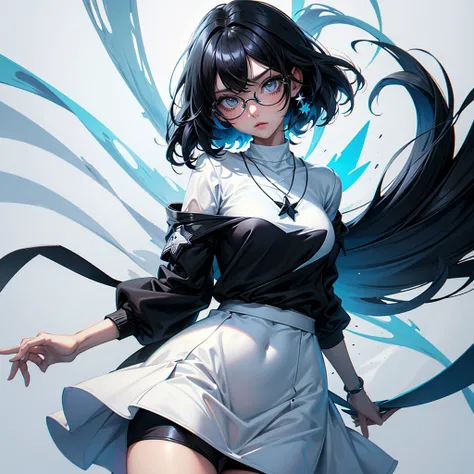 Make a girl with medium black hair, tight anime themed clothes, Colors black, blue and white. Slanted eyes in black, wearing white round glasses, wearing a star necklace and a completely plain white dress.