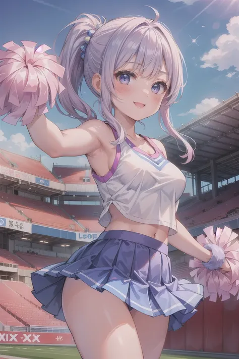 girl, medium breasts, Periwinkle pony tail, Periwinkle with white tank top, Periwinkle skirt, cheerleader, Periwinkle pom, Japan Stadium, wink, smile