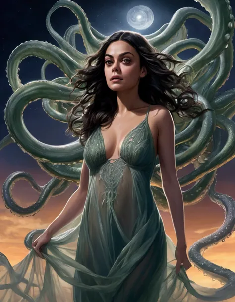 Mila Kunis (age 25, sheer night gown) in a trance being carried by giant slimy eldritch tentacles through the night sky, the tentacle are from a UFO