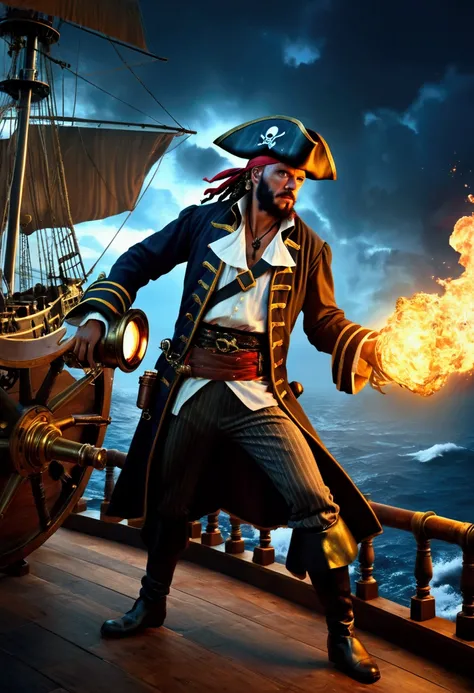 (Pirate War), ship, sea, cannon, cannonry, open fire, astropunk, space piratsunreal engine, captivating chiaroscuro, dynamic movement, full body, (special effects:0.1), award-winning, cinematic still, emotional, vignette, dynamic, vivid, (masterpiece, best...