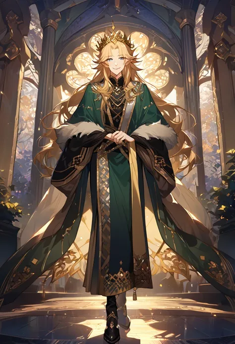 masterpiece, best quality, 8k ,4k , 1male, elf King, Golden Blond, Blue greenish eyes, gold wreath crown, hair ornament, long hair, finely detailed eyes and detailed face, looking at viewer, black sleeveless, half robe, patterned clothes, gold embroidery c...