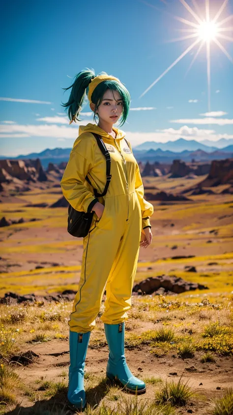 "Illustrate Bulma during the Namek Saga from Dragon Ball Z, no having clothes,dressed in her yellow jumpsuit with blue boots and a red headband, have massive k-cups, standing in the alien landscape of Planet Namek with green skies and blue grass."

