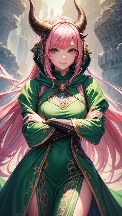 woman,SUO,green dress,single horn,snood,add_detail:1, add_detail:0, add_detail:0.5,((wide sleeves)),(((fantasy art))),magic wind,(crossed arms),smile,pink hair,