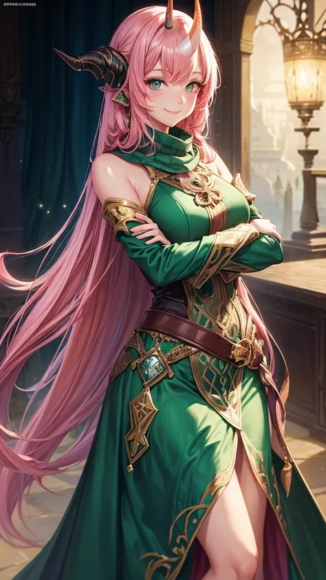 woman,SUO,green dress,single horn,snood,add_detail:1, add_detail:0, add_detail:0.5,((wide sleeves)),(((fantasy art))),magic wind,(crossed arms),smile,pink hair,