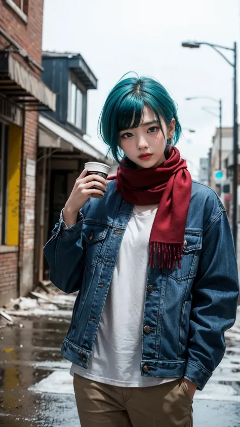 "Depict Future Bulma from Dragon Ball Z, dressed in a blue jacket with a red scarf, no having clothes,have massive k-cups, in a post-apocalyptic cityscape with ruined buildings and a time machine in the background."
