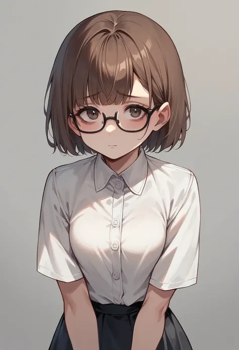 Shy girl,short brown hair with bangs, wearing glasses,Using makeup, wearing a gray blouse and black skirt