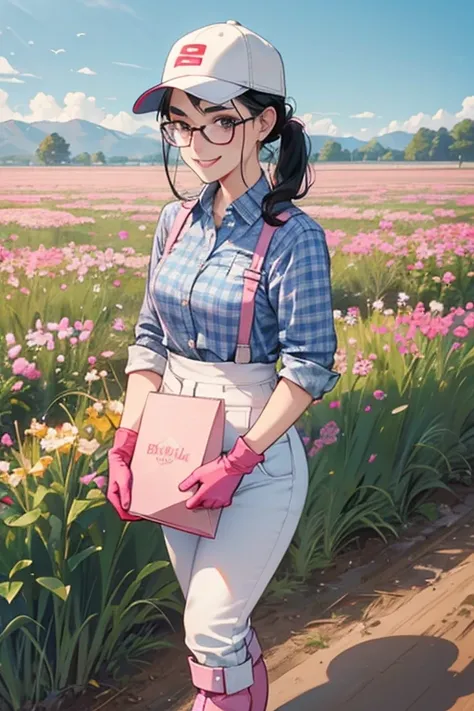 A freckled, glasses-wearing mature woman with black hair tied up, wearing a white long-sleeved flannel shirt, blue jeans, a baseball cap, and long pink rubber gloves and white rubber boots, working in the fields while smiling　Thick eyebrows