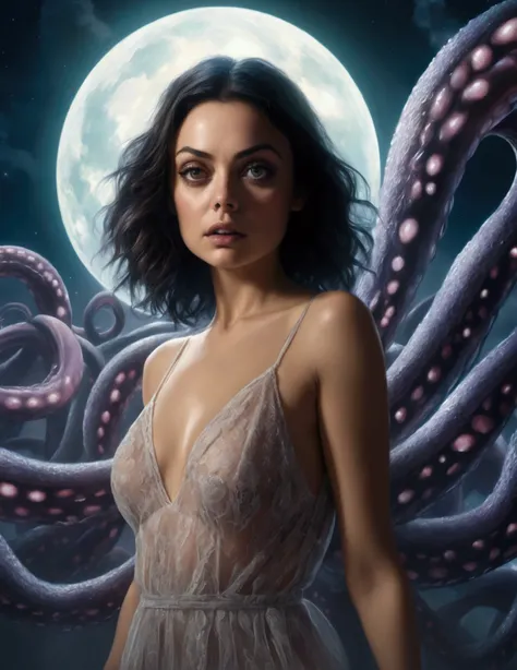 Mila Kunis, 25 years old, in a sheer nightgown, in a trance, being carried by giant slimy eldritch tentacles through a night sky, the tentacles emerging from a UFO, detailed portrait, beautiful detailed eyes, beautiful detailed lips, extremely detailed fac...