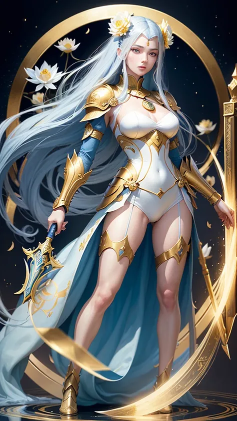 woman with white, oriental, long hair, blue locks, yellow eyes and another blue eye, fair skin, dressed in golden armor with a lotus flower, similar to the armor of Camus from Aquarius of the knights of the zodiac, with a staff, whose tip has a large golde...