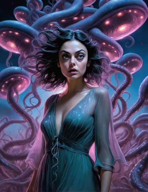 Mila Kunis, 25 years old, in a sheer nightgown, in a trance, being carried by giant slimy eldritch tentacles through a night sky, the tentacles emerging from a UFO, detailed portrait, beautiful detailed eyes, beautiful detailed lips, extremely detailed fac...