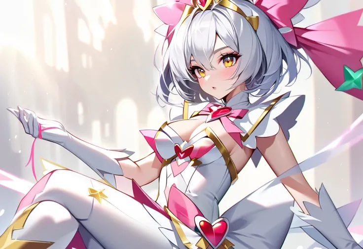 cure holy(magical girl, cool beauty, middle breast, tiara, short hair, silver hair, gold eyes, simple white dress, white long boots, white opera gloves), tracing(hold out one hand)