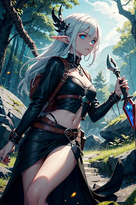 Create an RPG-style image of a heterochromatic elf with white hair and black leather armor, seen from the front, has one green and one blue eye, carries a red ruby ​​amulet and runbi rings on her fingers, on her back is He holds a large sickle with silver ...