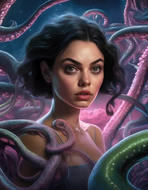 Mila Kunis, 25 years old, in a sheer nightgown, in a trance, being carried by giant slimy eldritch tentacles through a night sky, the tentacles emerging from a UFO, detailed portrait, beautiful detailed eyes, beautiful detailed lips, extremely detailed fac...