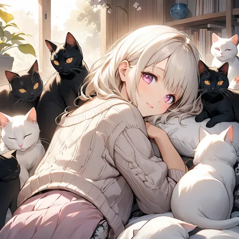 A young girl with a Japanese manga-style body. She has golden white hair, pink eyes, and a good figure. She is wearing a backless sweater and sleeping with several large white and black cats. The atmosphere is bright and cheerful.