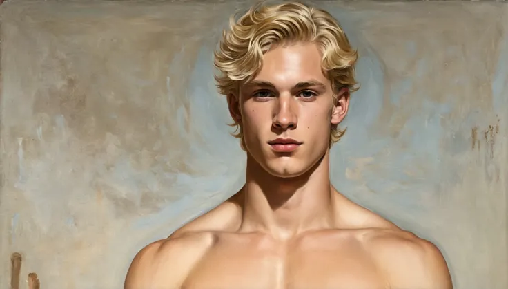 Painting of a shirtless young blond man with a large penis