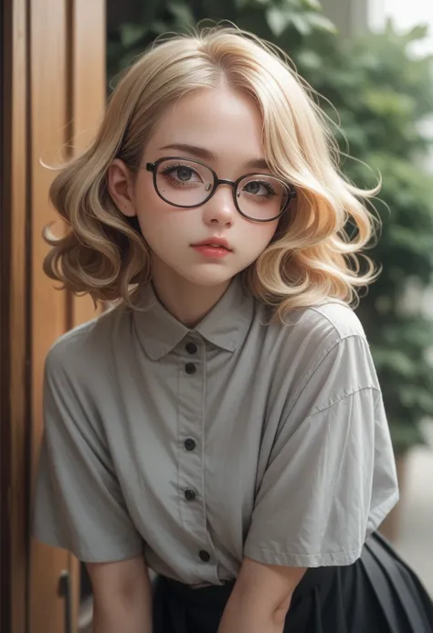 Kizi,short wavy blonde hair, wearing glasses,Using makeup, wearing a gray blouse and black skirt
