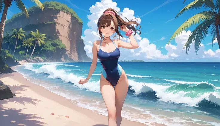 score_9, score_8_up, score_7_up, source_anime, masterpiece, best quality, very aesthetic, uncensored, 1 girl, cute face, beautiful detailed eyes, [round breasts, medium breasts], voluminous ponytail, pink scrunchie hair, brown hair, one-puece colorful swim...