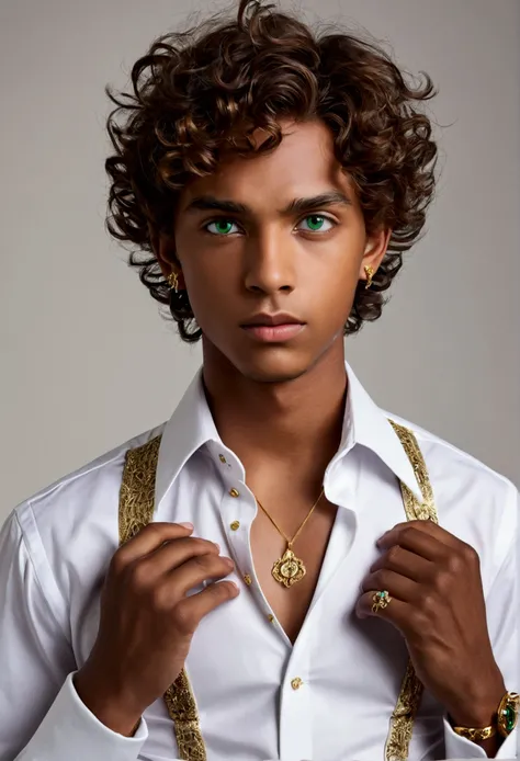 masterpiece, best quality, 1 boy, green eyes, dark skin, brown hair, short hair, curly hair, gold earrings, jewelry, white dress shirt, long sleeve, black corset, simple background, solo, upper body