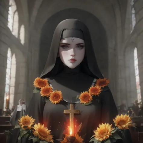 nun with a cross and sunflowers in front of a candle, artwork in the style of guweiz, an evil nun, vampire nun, billie eilish as a sad nun, artstyle tom bagshaw, tom bagshaw artstyle, billie eilish as a nun, unreal engine render + a goddess, nun fashion mo...