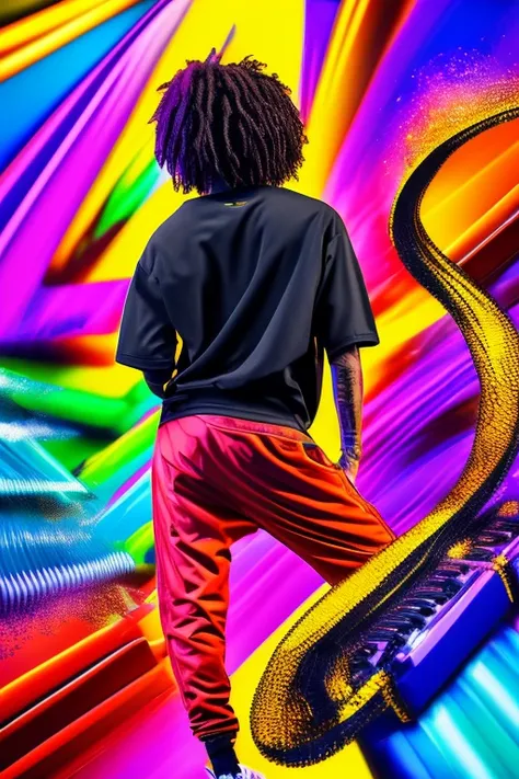 a background completely filled with scattered musical notes in various sizes and colors, beautiful girl in colorful image, dance hiphop dance crew waacking dance, punking, black medium hair, five fingers, baggy clothes, (best quality,4k,8k,highres,masterpi...