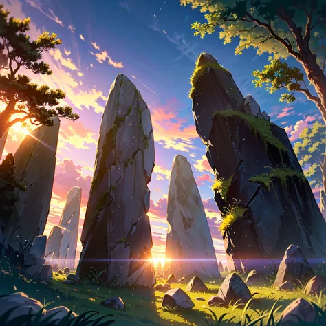 Two girls, (7 years old), (silver hair), (blonde), (very long hair), bust up, (Isle of Lewis, Callanish stone circle, Scottish prehistoric ruins, mysterious A majestic A beautiful landscape, a group of megaliths towering over a vast grassland, astronomical...