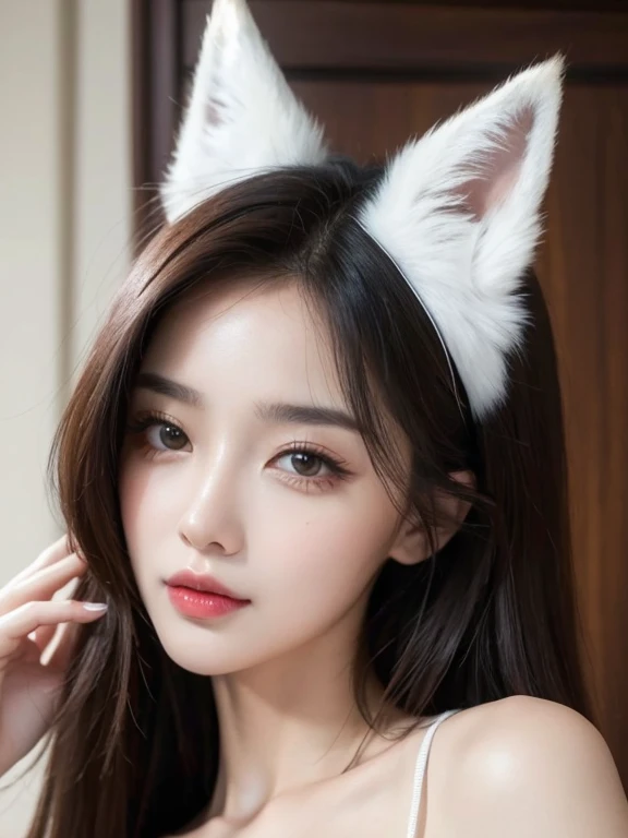 ((Highest quality)), ((masterpiece)), (Familiar), Perfect Face, Mean Woman, pretty girl, Fox Ears, Fox&#39;s Tail, Her tail is a red fox, She wags her fluffy tail, Fur collar, Beautiful hip line, big , She is nude, Her tail grows from her crotch, Nice body...