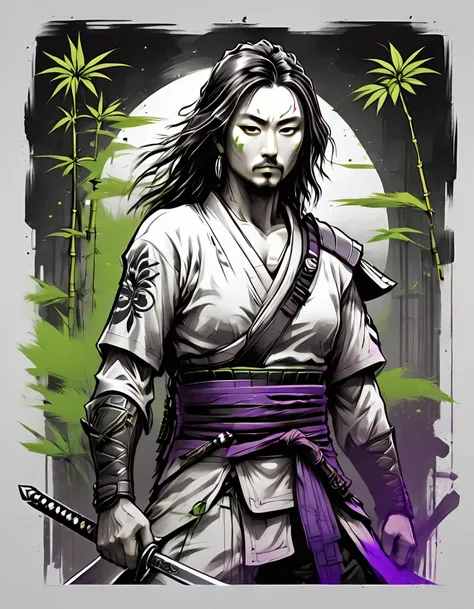 creative logo illustration black and white drawing of a long hair samurai holding a sword surrounded by green bamboo and purple ravens, combined the black and white drawing with the vibrant digital colors by dan mumford, jean pierre mong, alex janvier, fra...