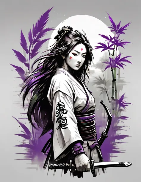 creative logo illustration black and white drawing of a long hair samurai holding a sword surrounded by green bamboo and purple ...