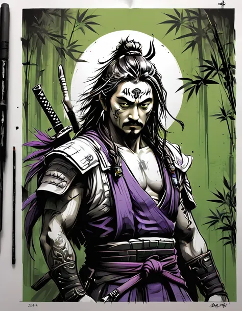 creative logo illustration black and white drawing of a long hair samurai holding a sword surrounded by green bamboo and purple ravens, combined the black and white drawing with the vibrant digital colors by dan mumford, jean pierre mong, alex janvier, fra...