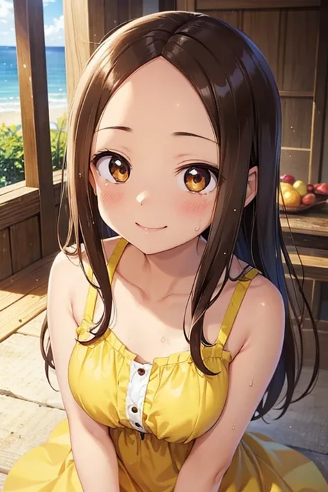 Takagi-san、Shiny brown hair, Long Hair,((Medium chest、Forehead、Center part))、 Beautiful brown eyes、smile、Sparkling eyes, (fine grain)、Very fine eye、Highly detailed face, Highly detailed eyes, 

Highest quality、Realistic、girl、Long Hair、Lemon Yellow Dress、Ta...