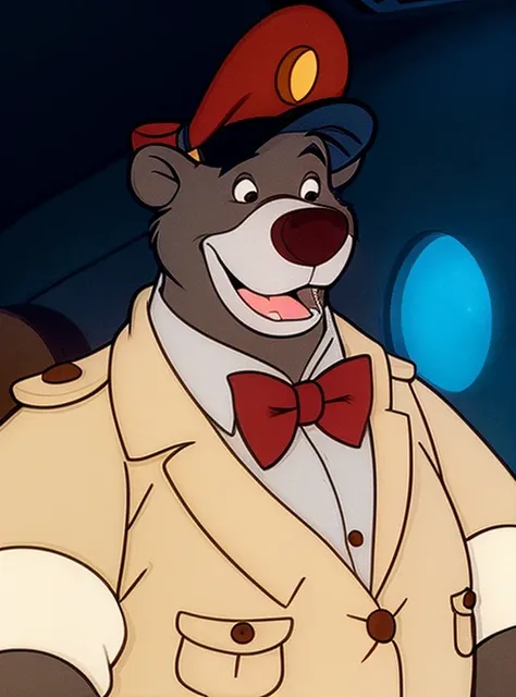 1 boy, bear, black eyes, day, fluffy man, he has, male focus, a parody, red hat,bow tie in white tuxedo, ,smile, one,fantasy, an...