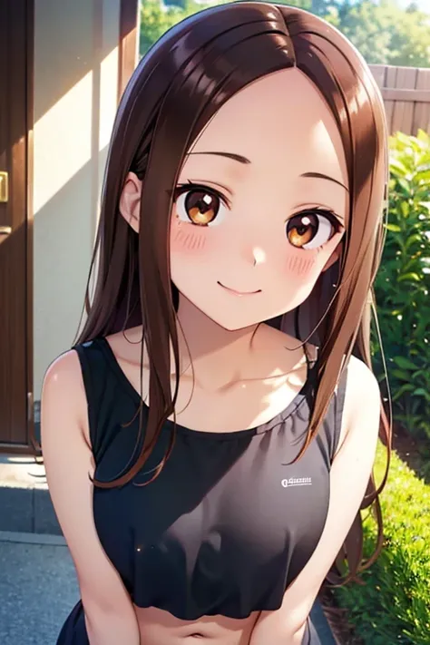 Takagi-san、Shiny brown hair, Long Hair,((Medium chest、Forehead、Center part))、 Beautiful brown eyes、smile、Sparkling eyes, (fine grain)、Very fine eye、Highly detailed face, Highly detailed eyes, Cowboy Shot、

Highest quality、Realistic、girl、Long Hair、One Girl,...