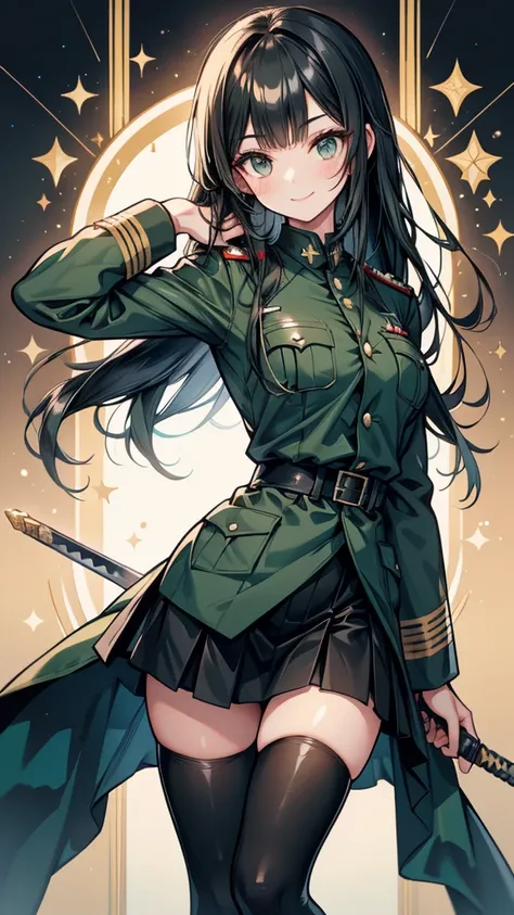 adult female　long hair　bangs　hime cut　black hair　expensive　smile　dark green german military uniform　tight skirt　spats　hold the s...