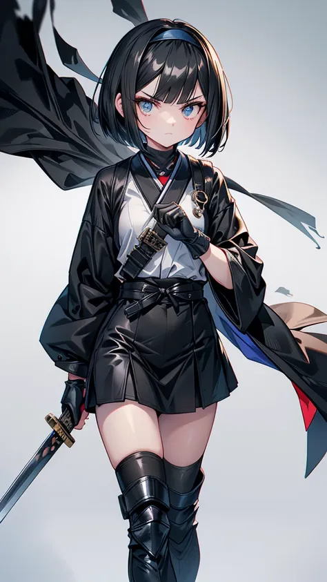 mature　bobcut　black hair　expensive　narrow eyes　glaring at me　glare　frivolous attitude　black sailor suit　armor　wear a headband ar...