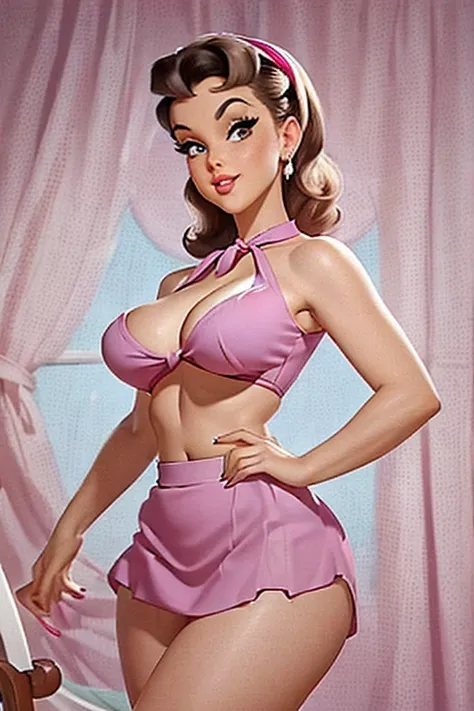 babara eden, hot, sexy, sexy body, gorgeous,dressed as genie, 1950s era, sexy 2 piece outfit, tight pink skirt, blouse tied in knot at bottom, exposed midriff, cleavage, pinup photo, pinup art, detailed, masterpiece, hi-res, high accuracy,