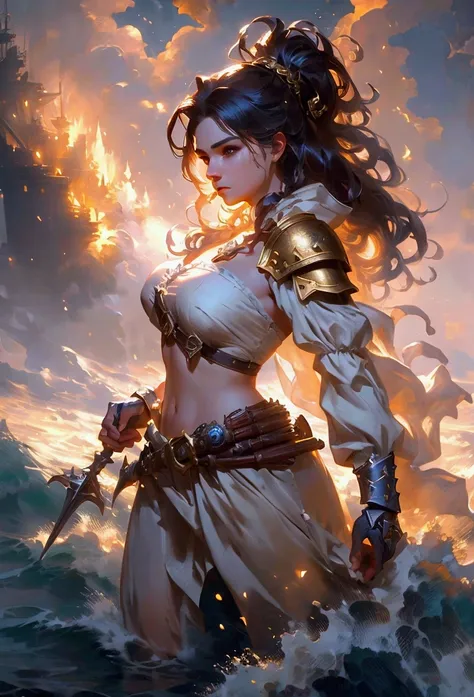 (Pirate female warrior close-up angle_sharp charisma, Holding a white and gold shield), epic battle between pirates, volumetric lighting, dramatic storm clouds, crashing sea waves, very detailed, cinematic composition, warm color palette, dramatic dynamic ...